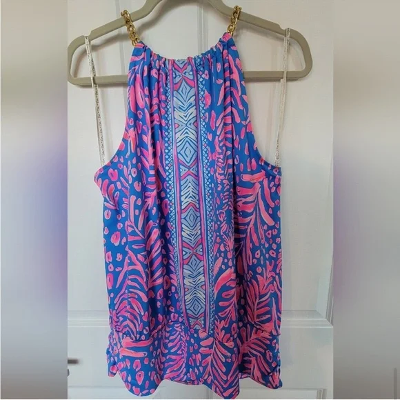 Lilly Pulitzer Vibrant Blue and Pink Tank Top Gold Chain - Picture 2 of 9